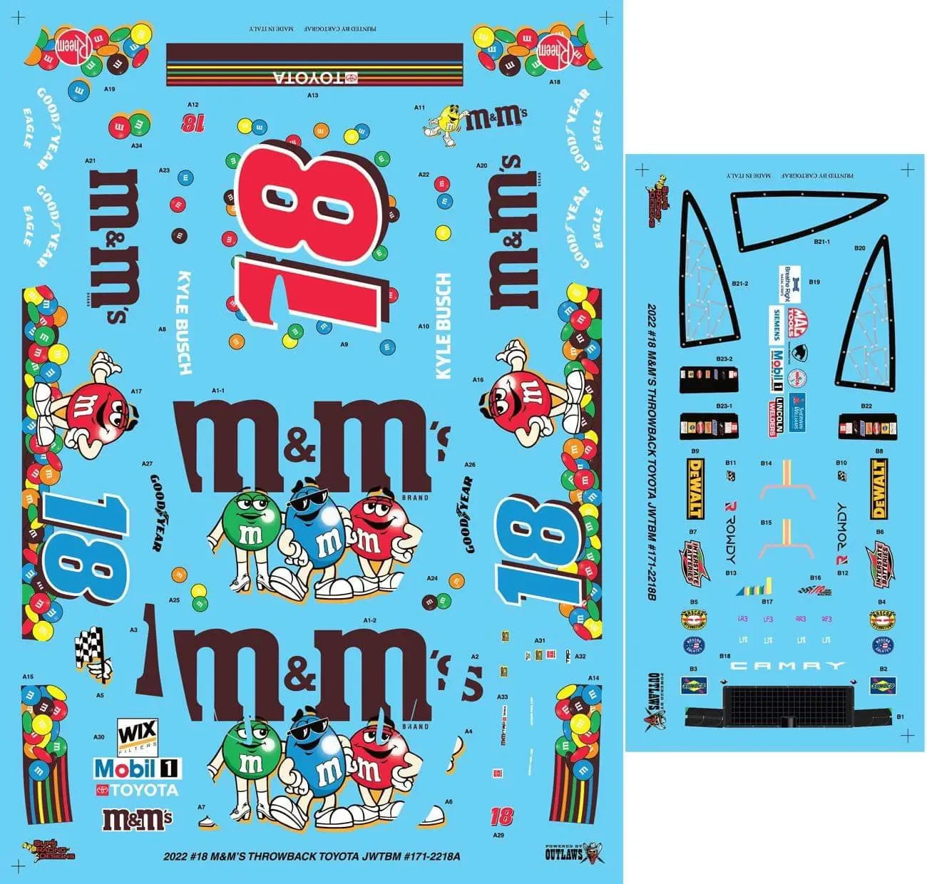 JWTBM Powered By Outlaws Kyle Busch 2022 M&M’s Darlington Throwback Scheme decals