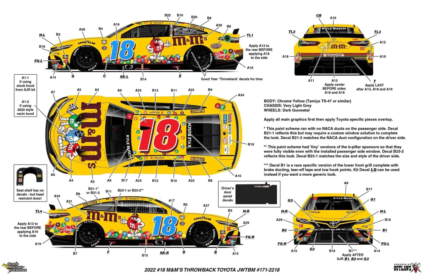 JWTBM Powered By Outlaws Kyle Busch 2022 M&M’s Darlington Throwback Scheme decals